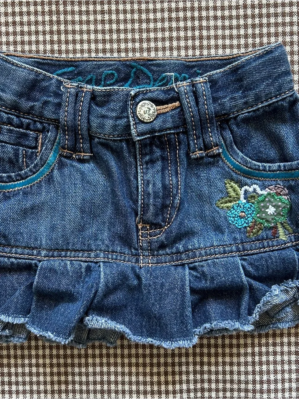 Y2K GAP Denim Ruffle Skirt with Teal and Green Embroidery - Blue 12-18 Months